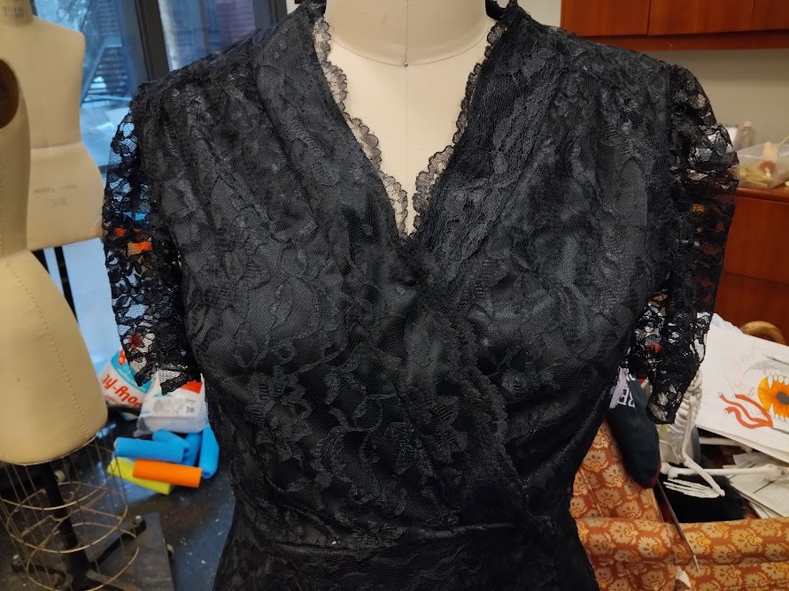 Spring 2022: Close-up of the bodice of finished dress; dress constructed by altering an existing pattern to fit the designer&rsquo;s rendering. Design by alex martin