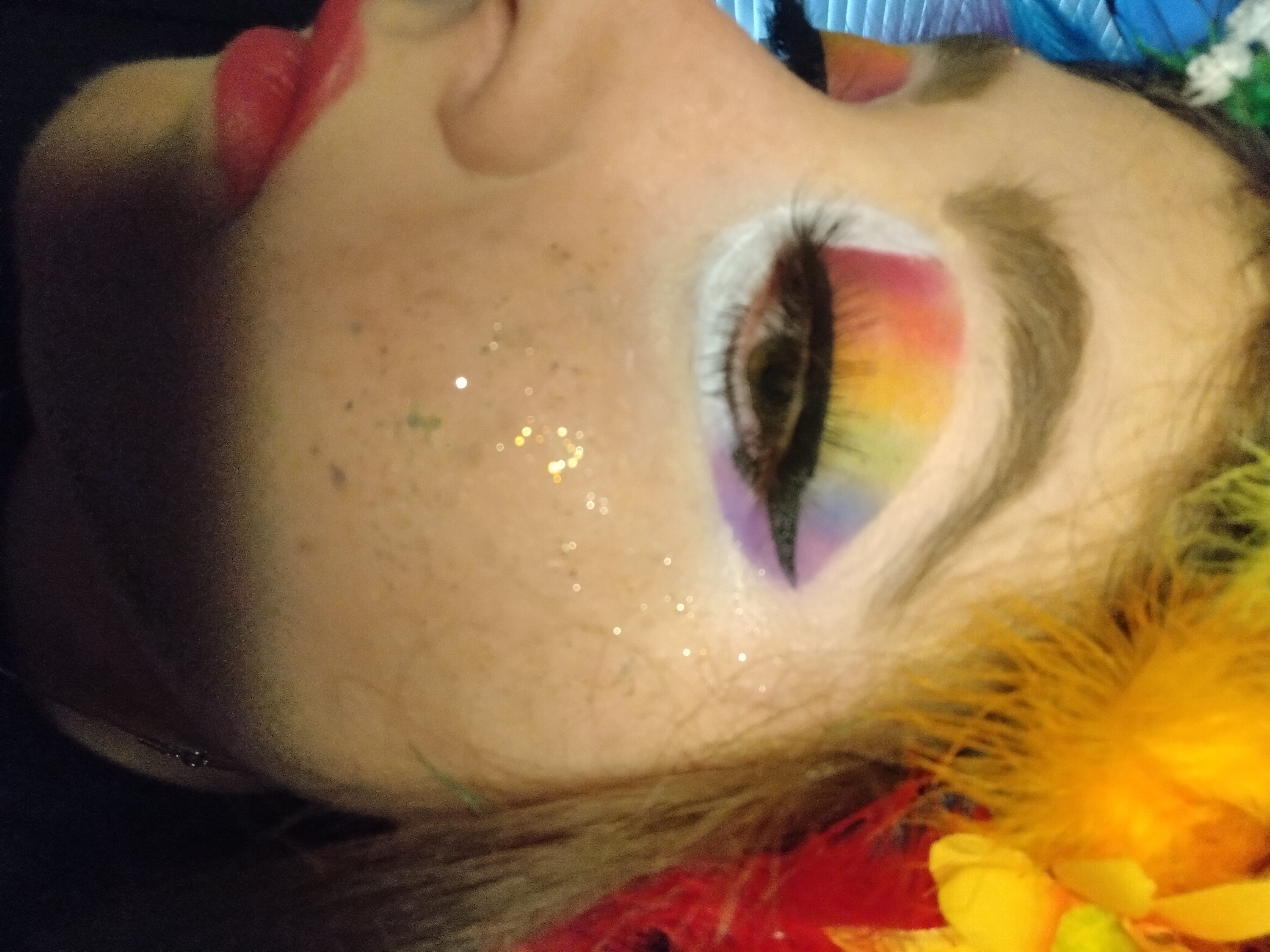 Look completed for a class final; rainbow anime-inspired drag look