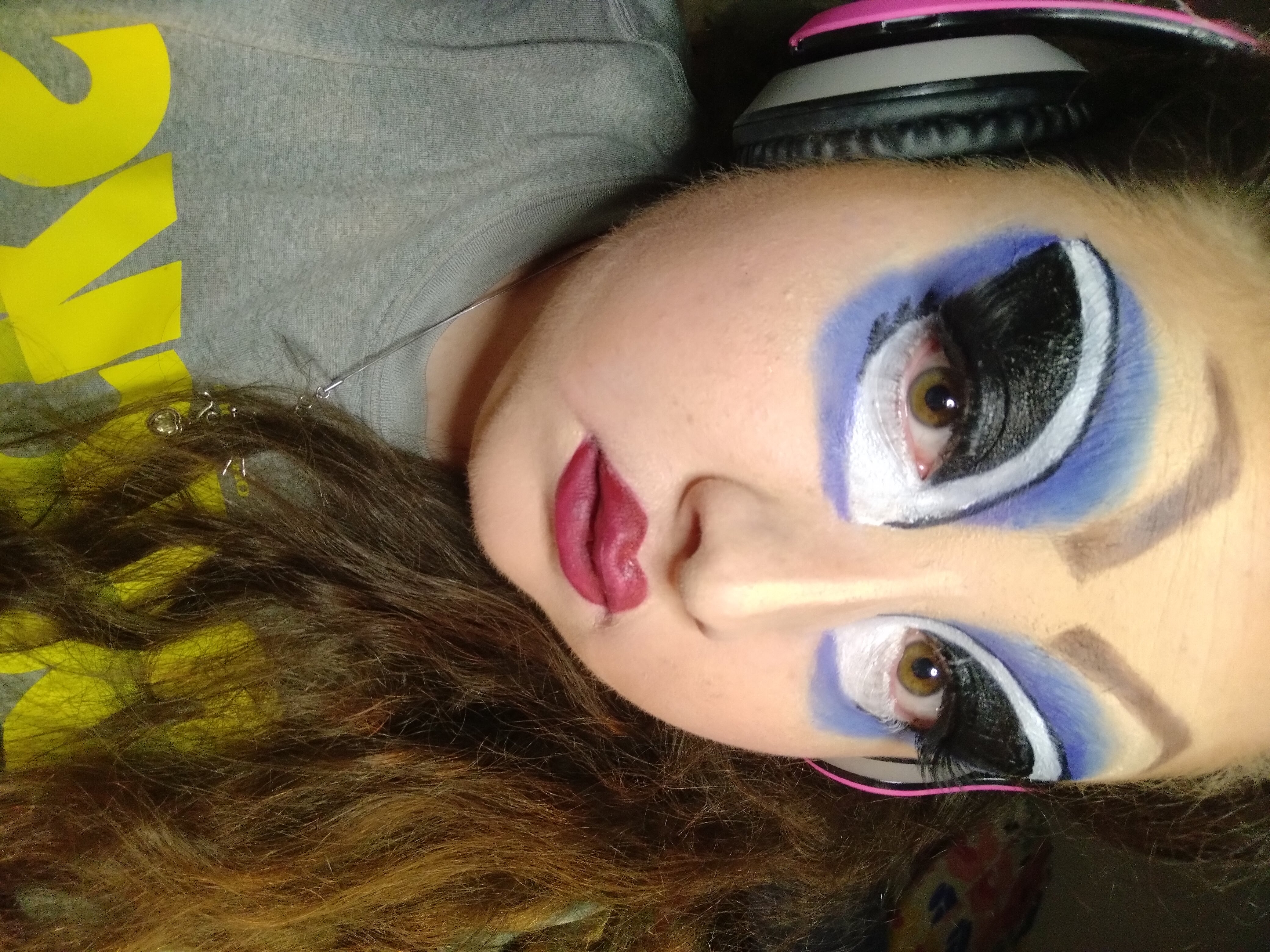 A take on drag makeup in the style of Trixie Mattel; my face was not big enough for the shapes, so I looked like a clown, but it was really fun to try!