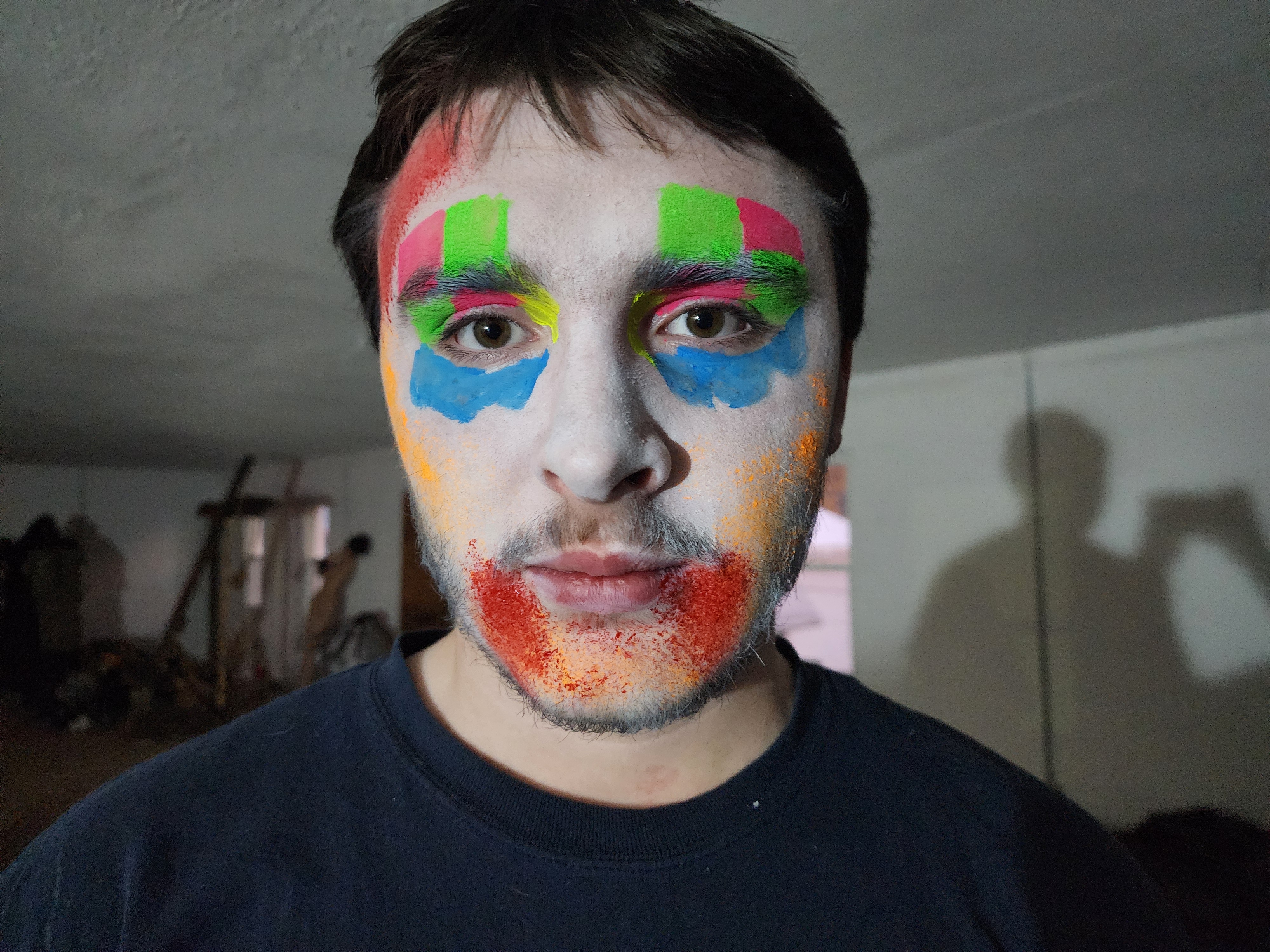 Clown makeup for a blacklight area in Devil&rsquo;s Playground, utilizing UV reactive makeup